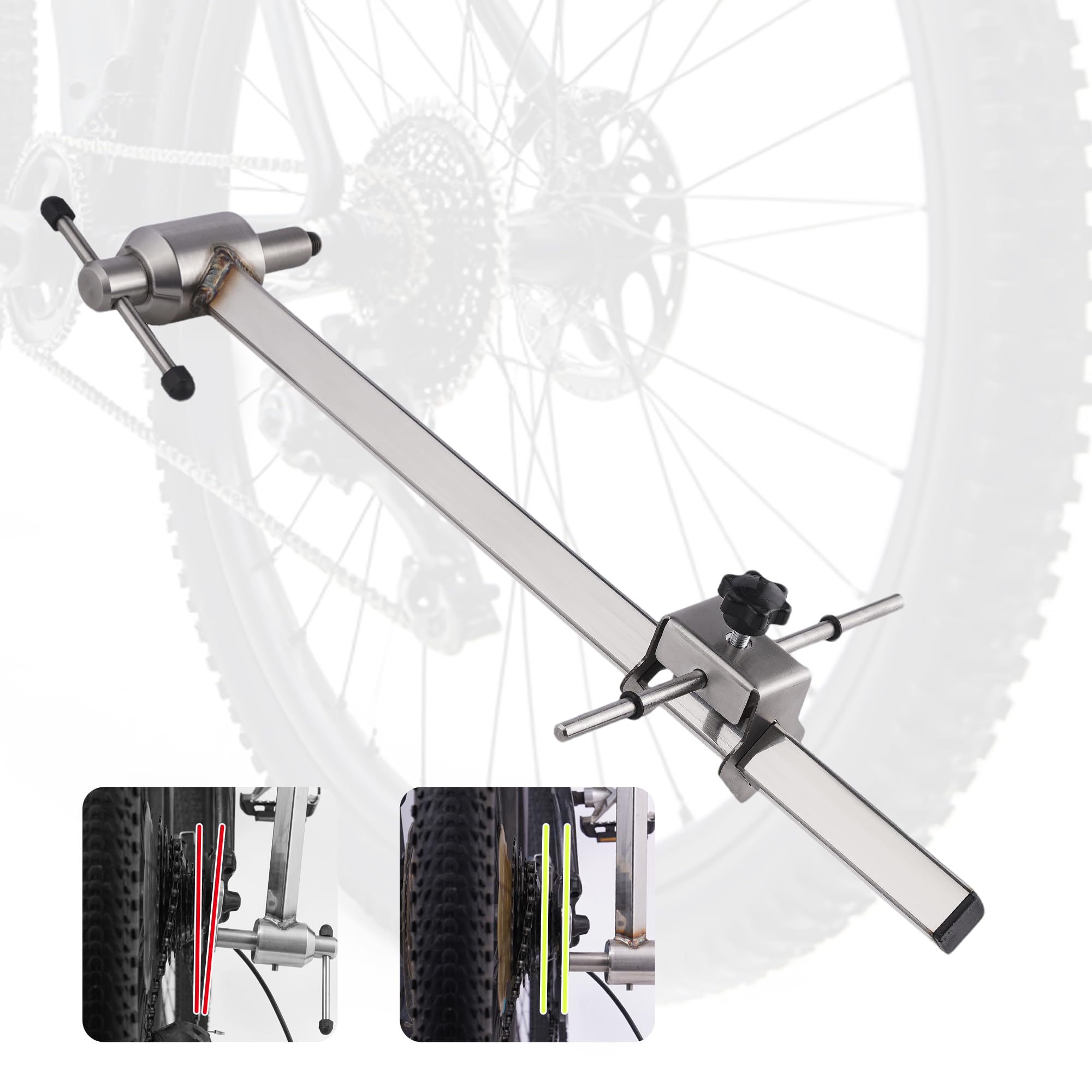 FAITIO front view of derailleur alignment tool showing full gauge and clamp for quick setup