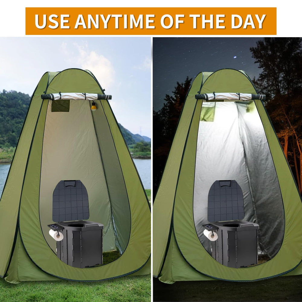 FAMILON tent beside person for scale demonstrating larger interior space