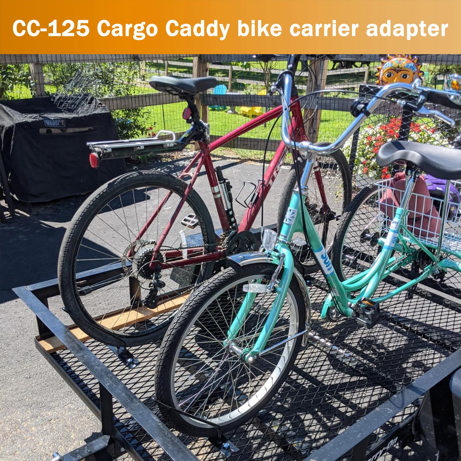 Famiron CC-125 beside a bicycle wheel to show scale and fit for up to 2-inch tires