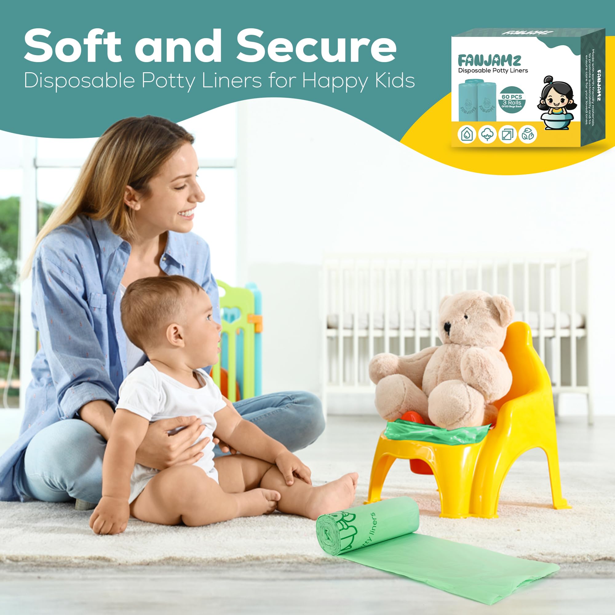 Fanjamz liner placed inside a toddler potty illustrating easy cleanup