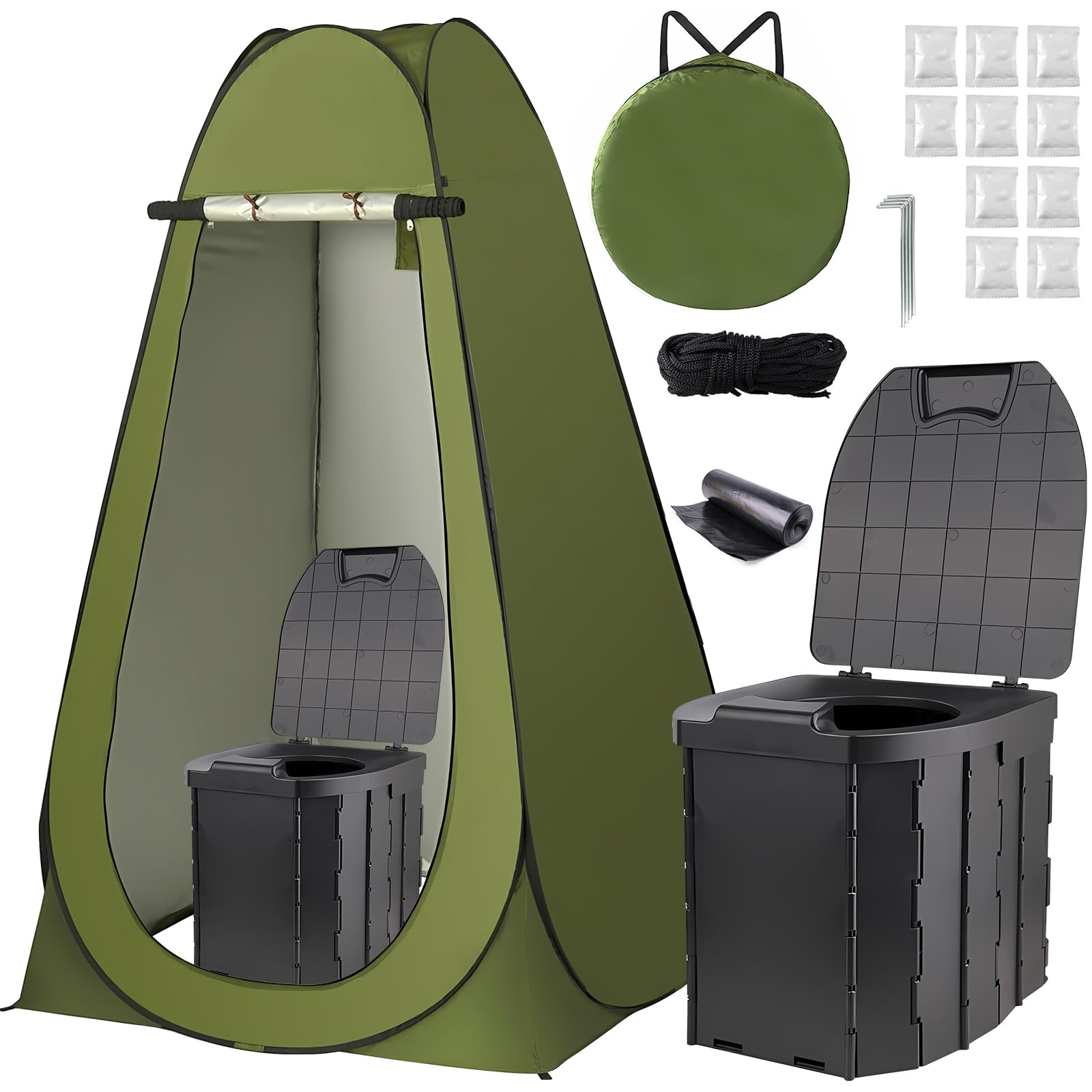 Fantasyon front view of privacy tent and toilet showing immediate privacy