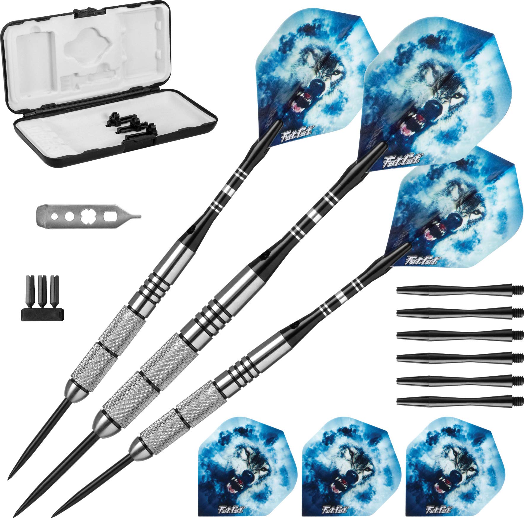 Fat Cat Predator front view showing complete 23g dart set and case for organized storage