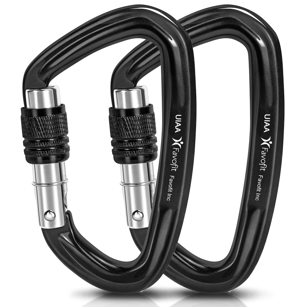Favofit front view of two carabiners showing packaging and strong build benefit