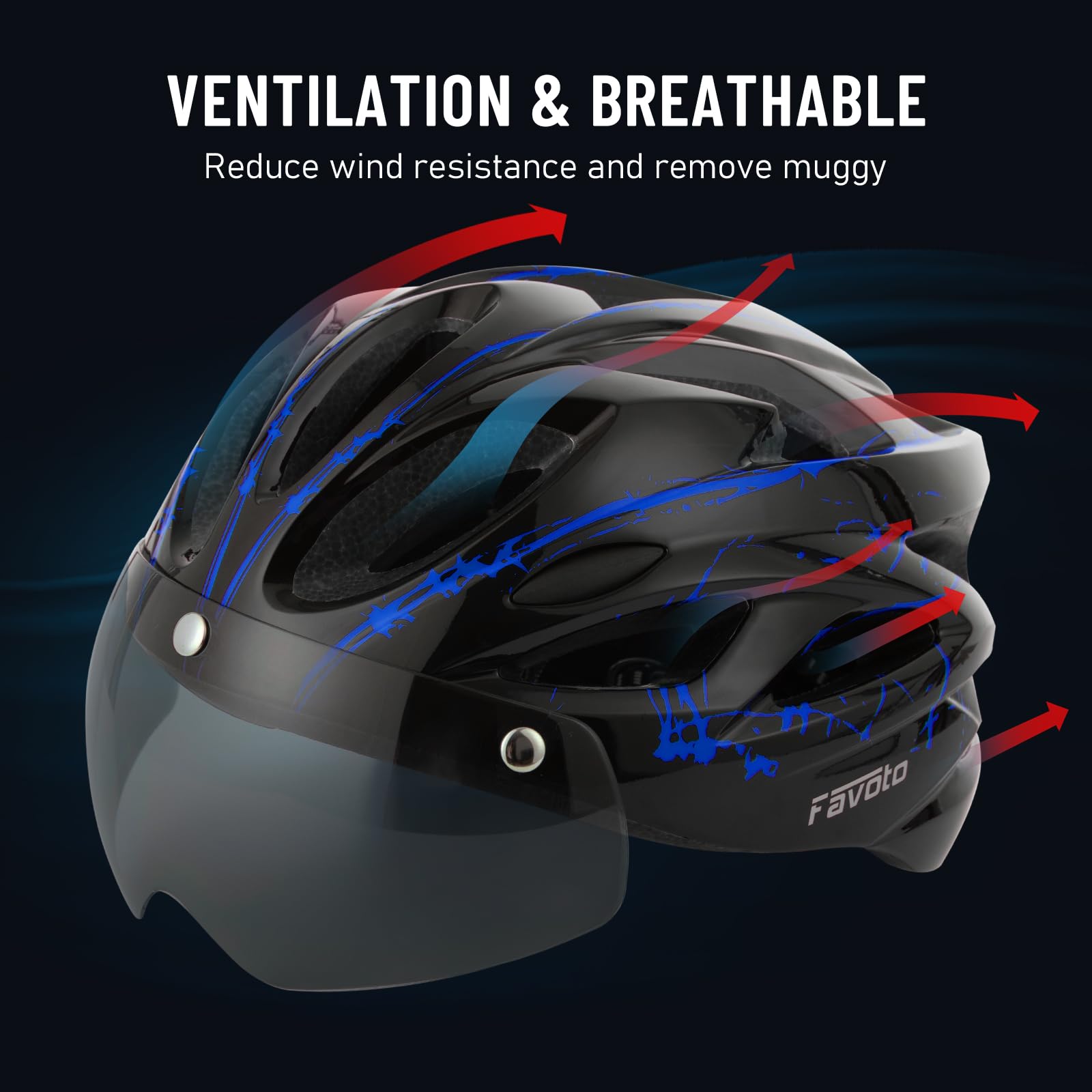 Favoto helmet ventilation top view, 14-vent airflow reduces heat