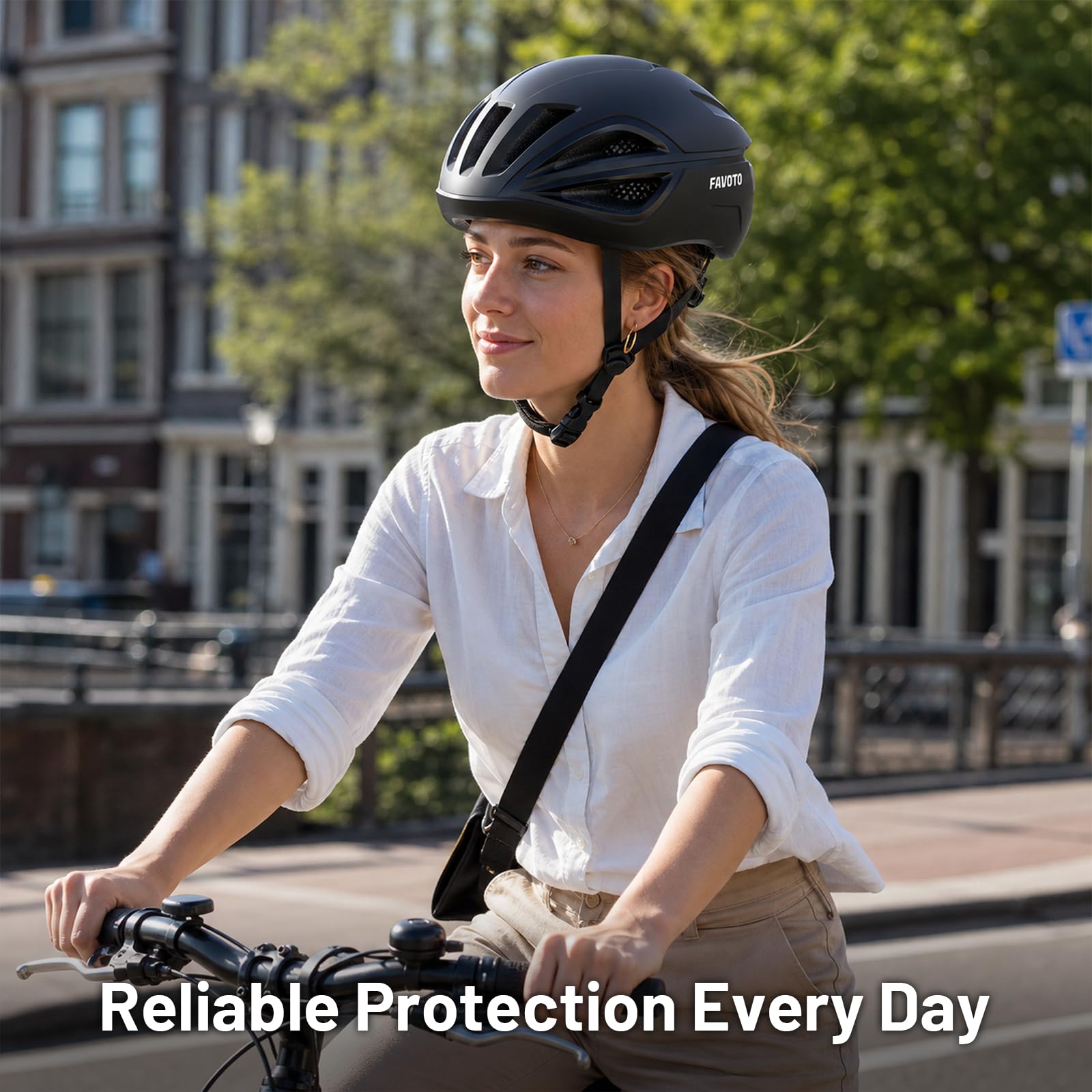 Favoto worn by commuter on city street showing everyday comfort benefit