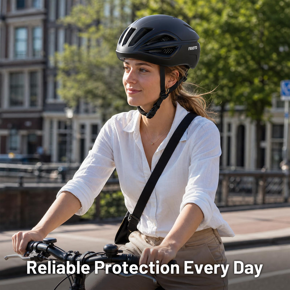 Favoto worn by commuter on city street showing everyday comfort benefit