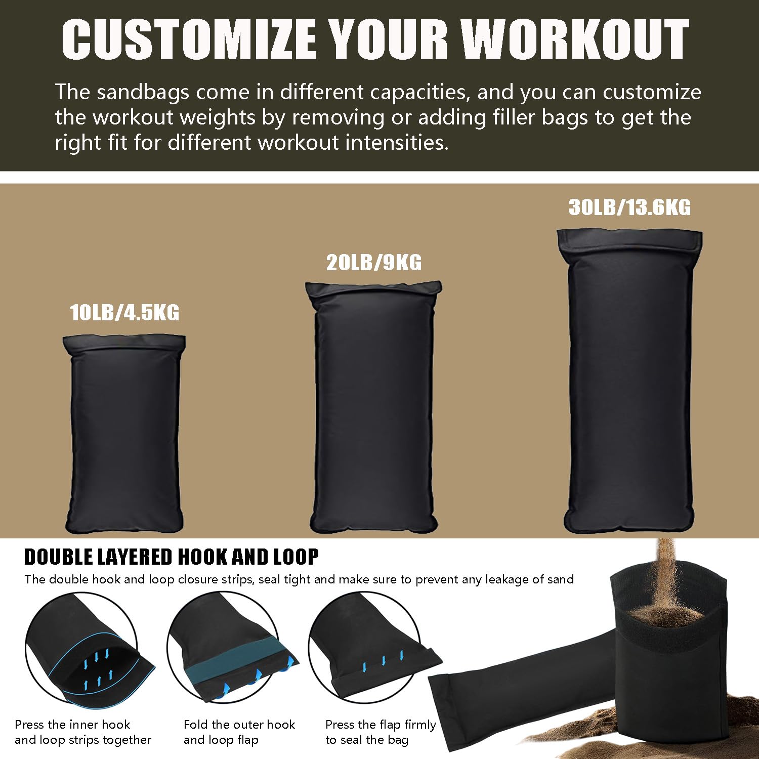 Favuit three inner bags displayed to show adjustable weight customization benefit
