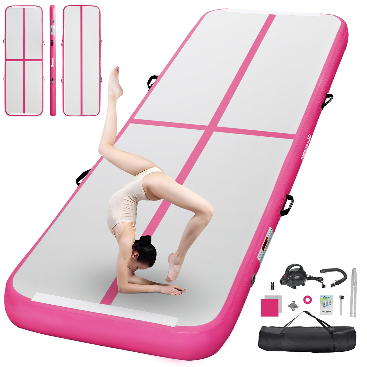 FBSPORT front view of 10ft inflatable mat showing full-length training surface and branding for portable practice