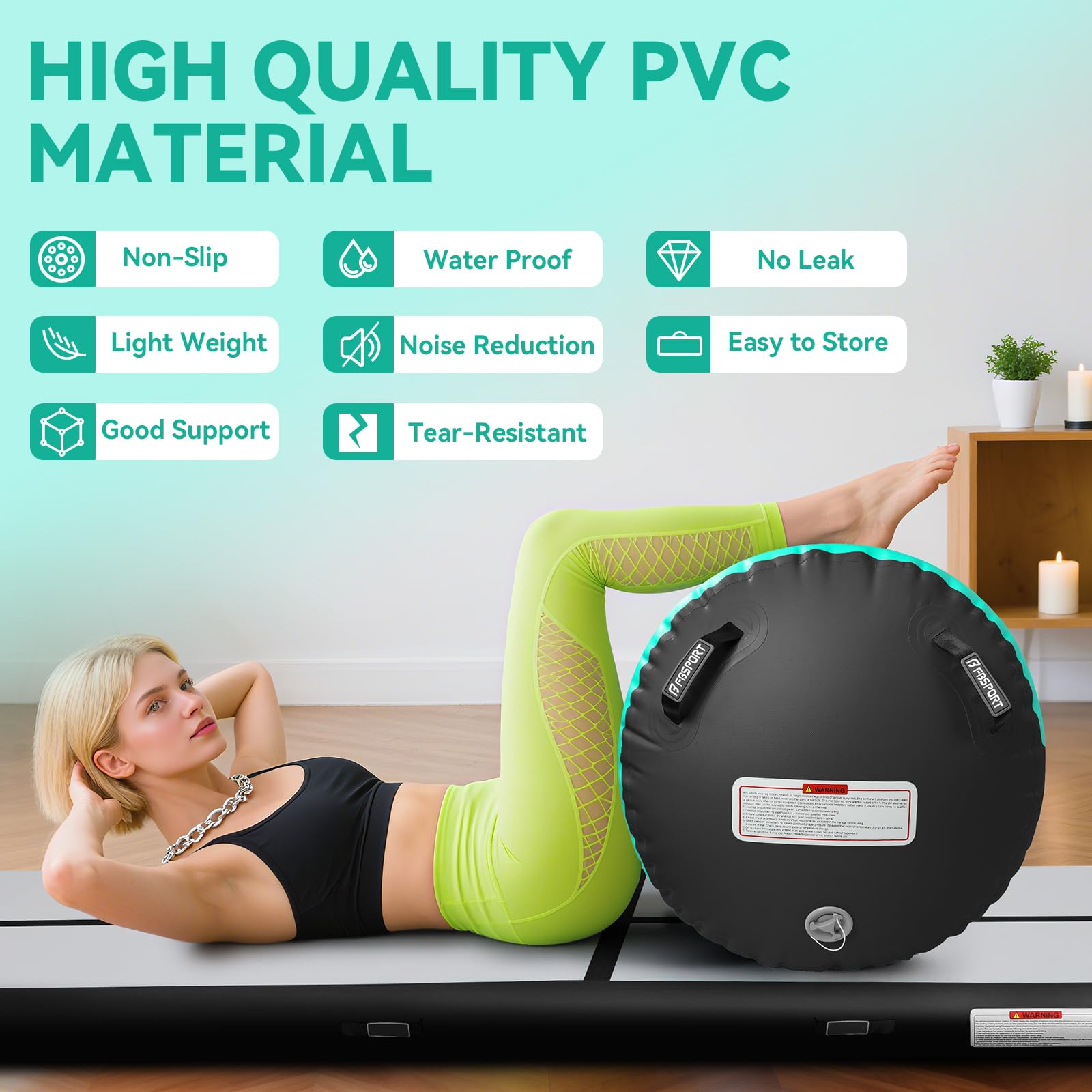 FBSPORT air roller beside yoga mat showing scale and portable size