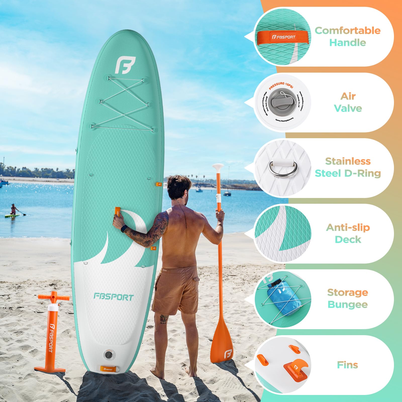 FBSPORT inflated board on a calm lake illustrating stable paddling experience