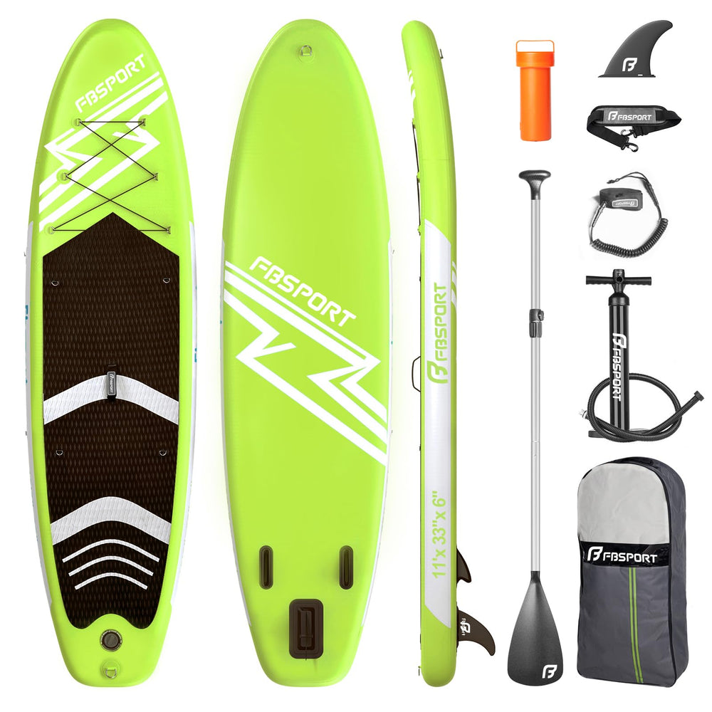 FBSPORT front view of fruit green 11-foot SUP showing shape and stability
