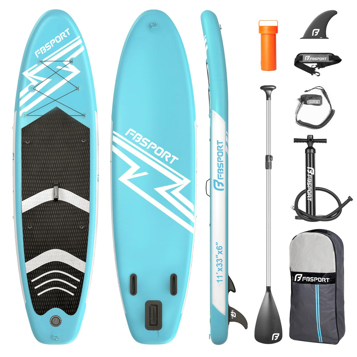 FBSPORT front view of ice blue SUP showing stable wide stance and balance
