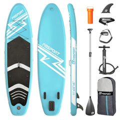 FBSPORT front view of ice blue SUP showing stable wide stance and balance