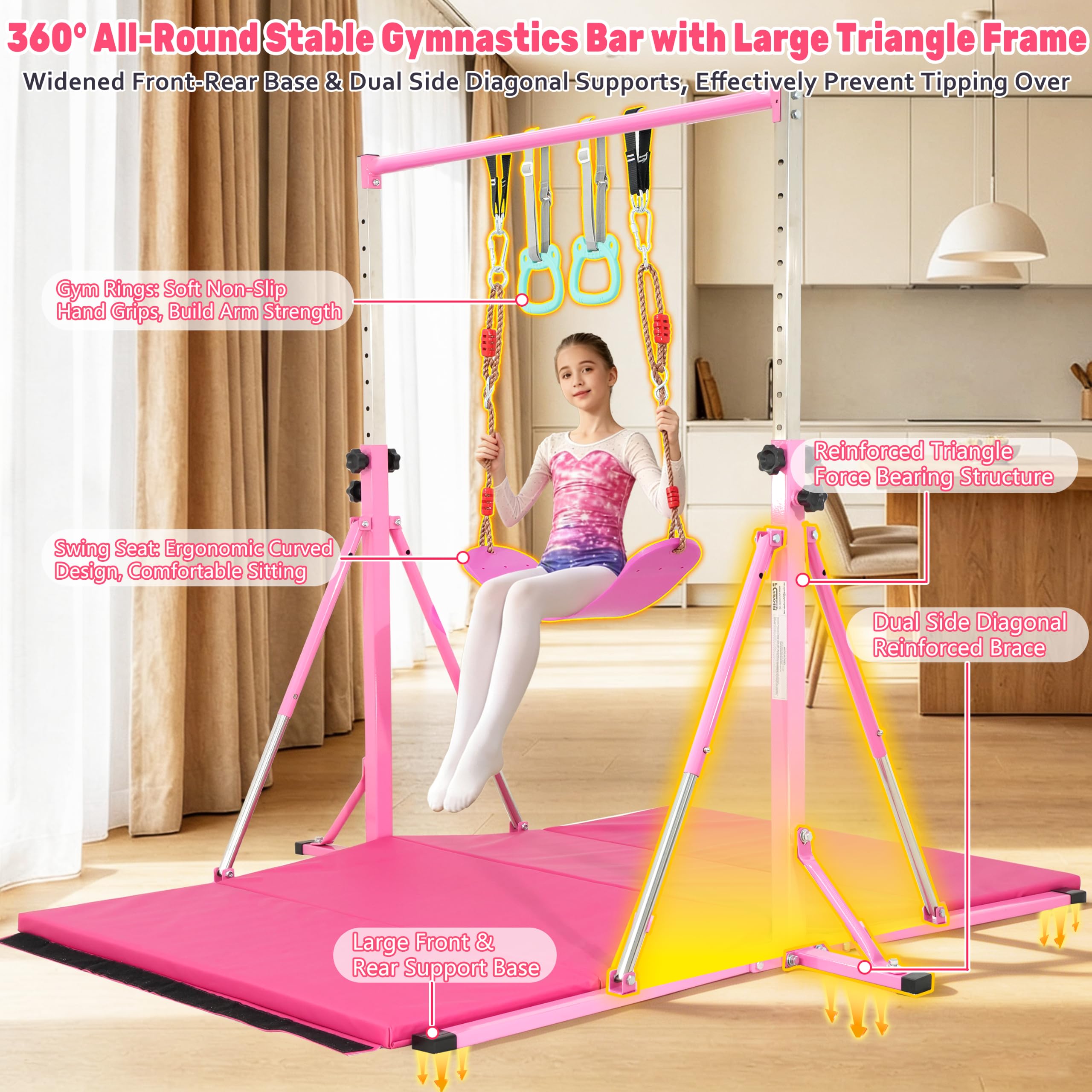 FC FUNCHEER child practicing on bar illustrating adjustable-height benefit