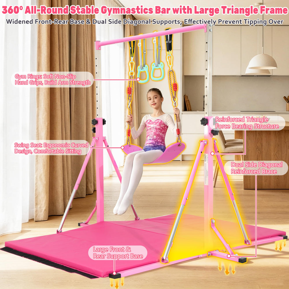 FC FUNCHEER child practicing on bar illustrating adjustable-height benefit