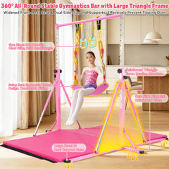 FC FUNCHEER child practicing on bar illustrating adjustable-height benefit