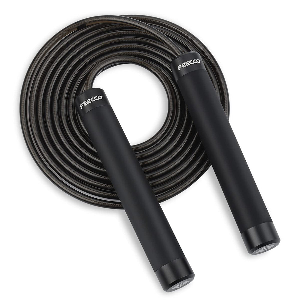 FEECCO FITNESS front view of weighted jump rope showing handles and cable, durable build benefit
