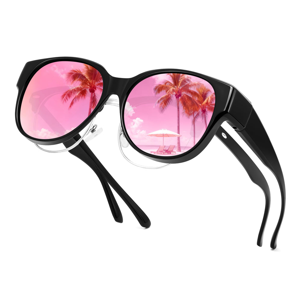 FEISEDY front view of black pink fit-over sunglasses showing frame shape and style benefit