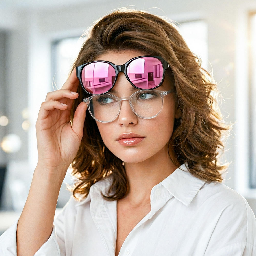 FEISEDY close-up of polarized lenses showing tint and glare-reduction benefit
