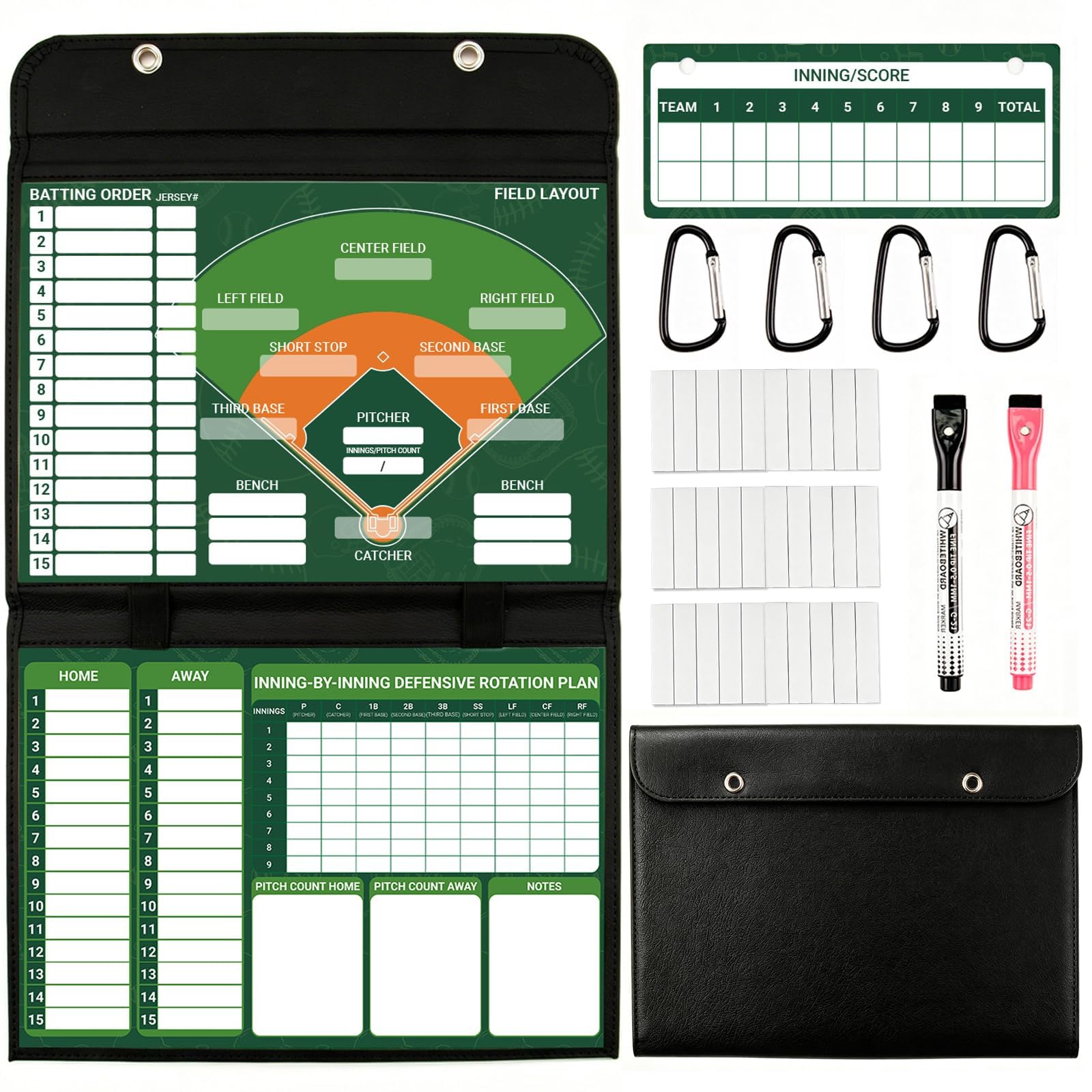 Fentoros front view of dugout lineup board showing clear printable sections and magnets for fast setup