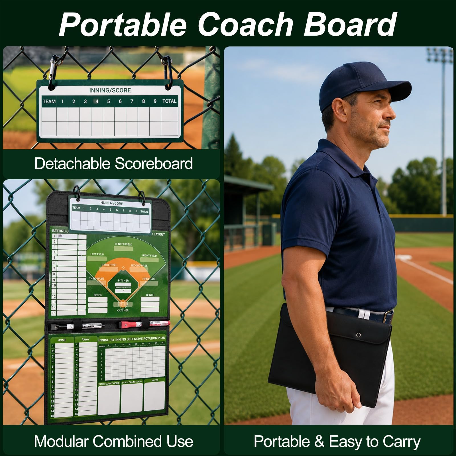 Fentoros hung on chain-link fence using clips offering hands-free visibility in the dugout