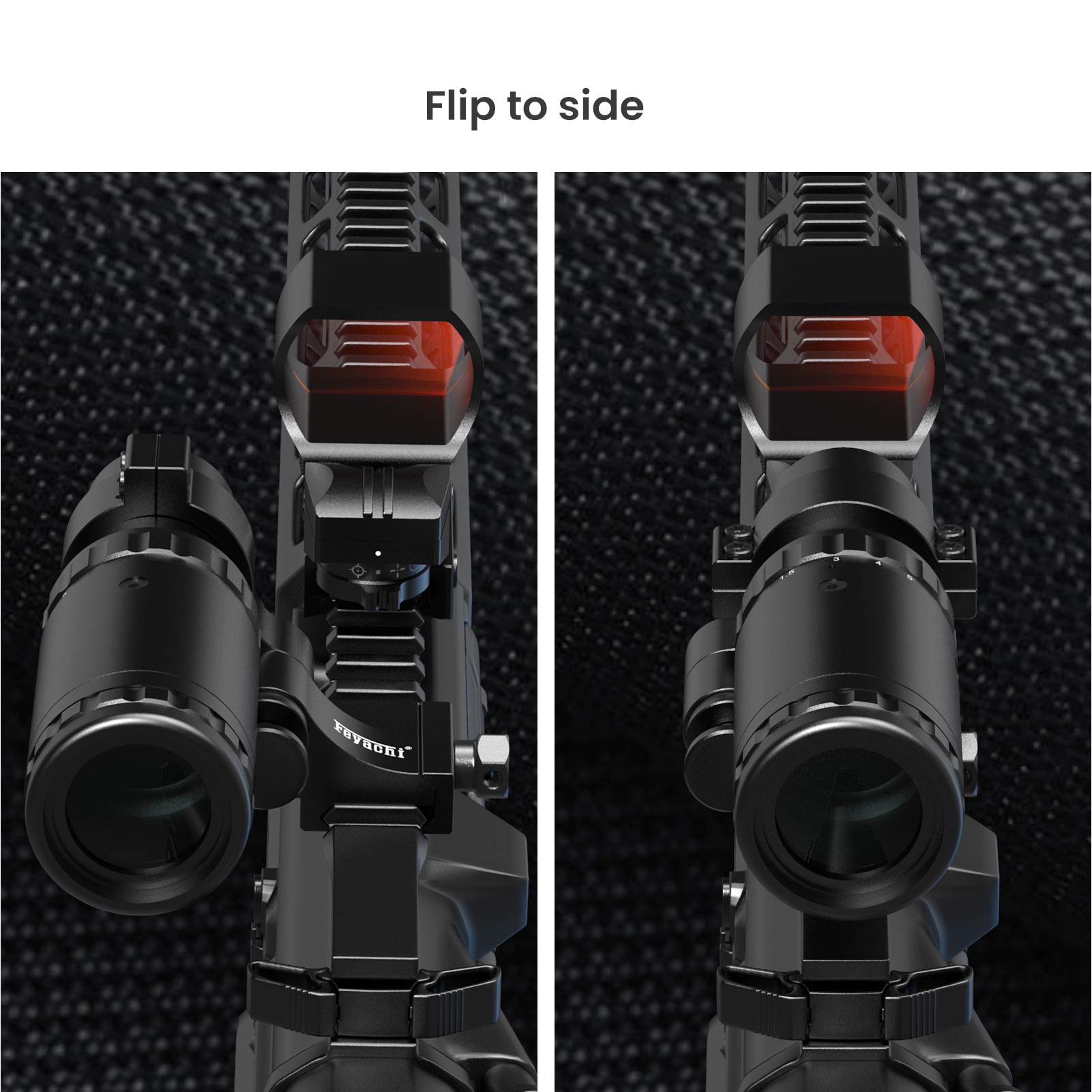 Feyachi RS-30 magnifier flipped to side on rail, enables instant magnification deployment