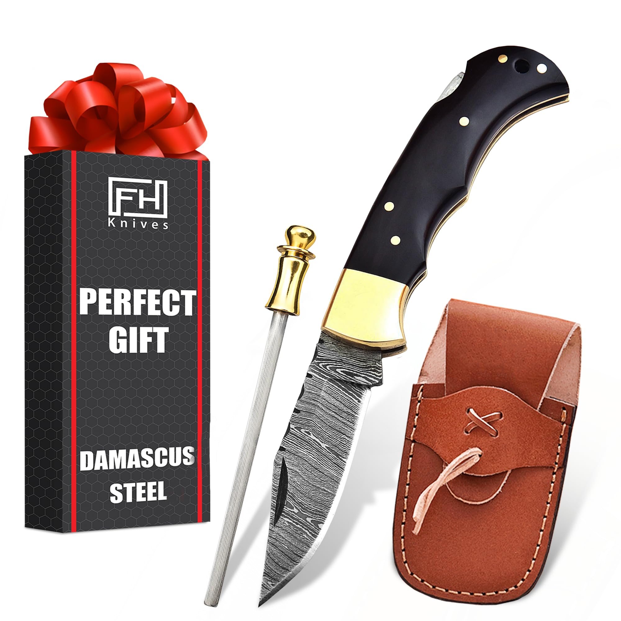 FH KNIVES front open blade showing Damascus pattern and sharp edge for precision cuts
