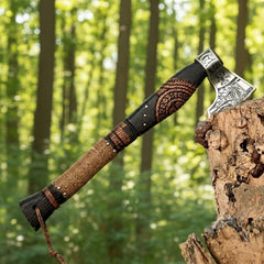 FH TRADERS close-up of etched axe head highlighting Norse motifs and durability