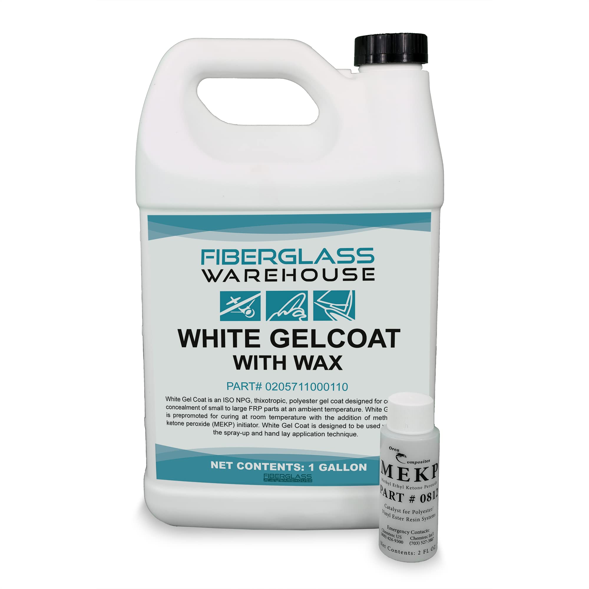 Fiberglass Warehouse front label showing product and included MEKP, clear identification benefit