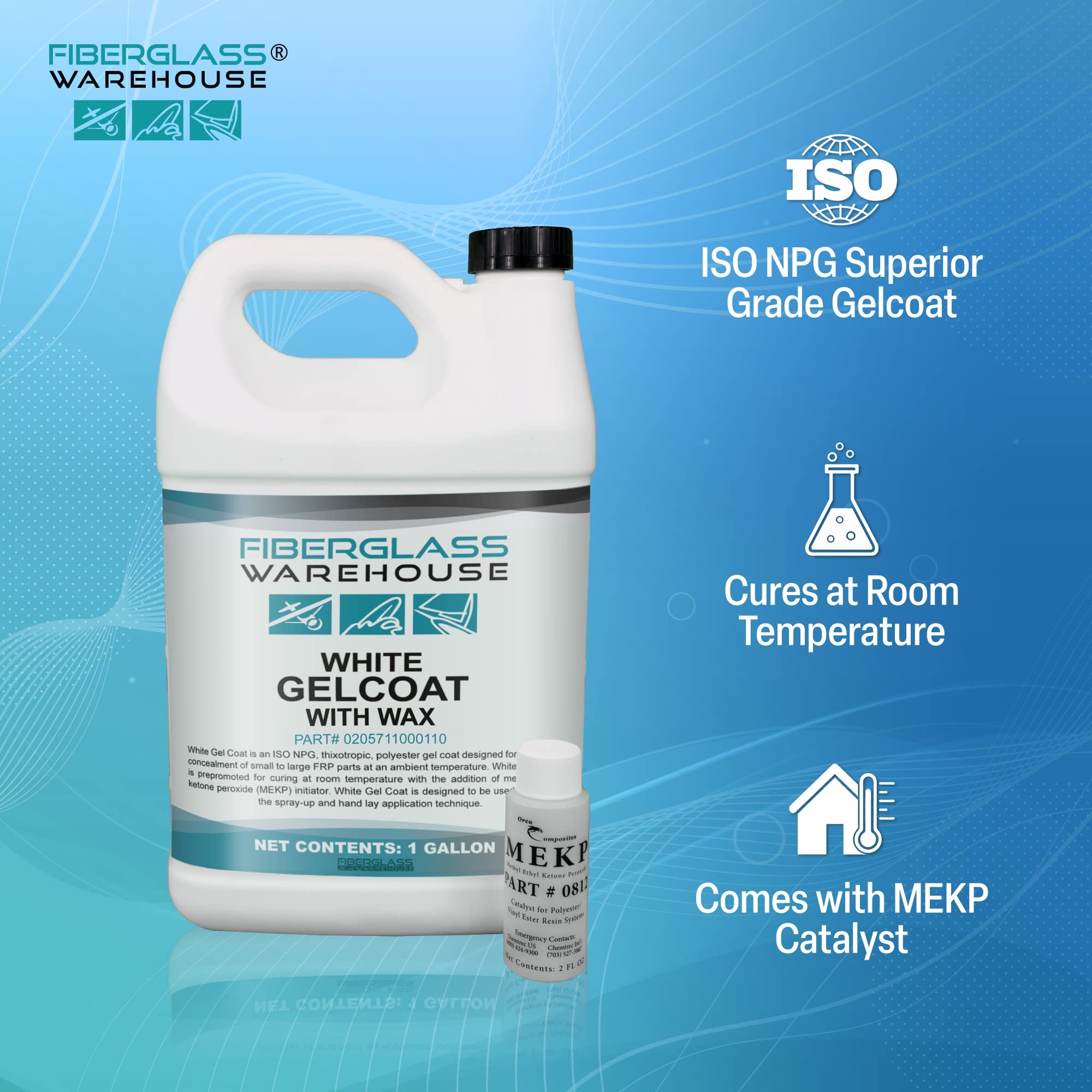 Fiberglass Warehouse gelcoat being poured from gallon can, controlled application benefit