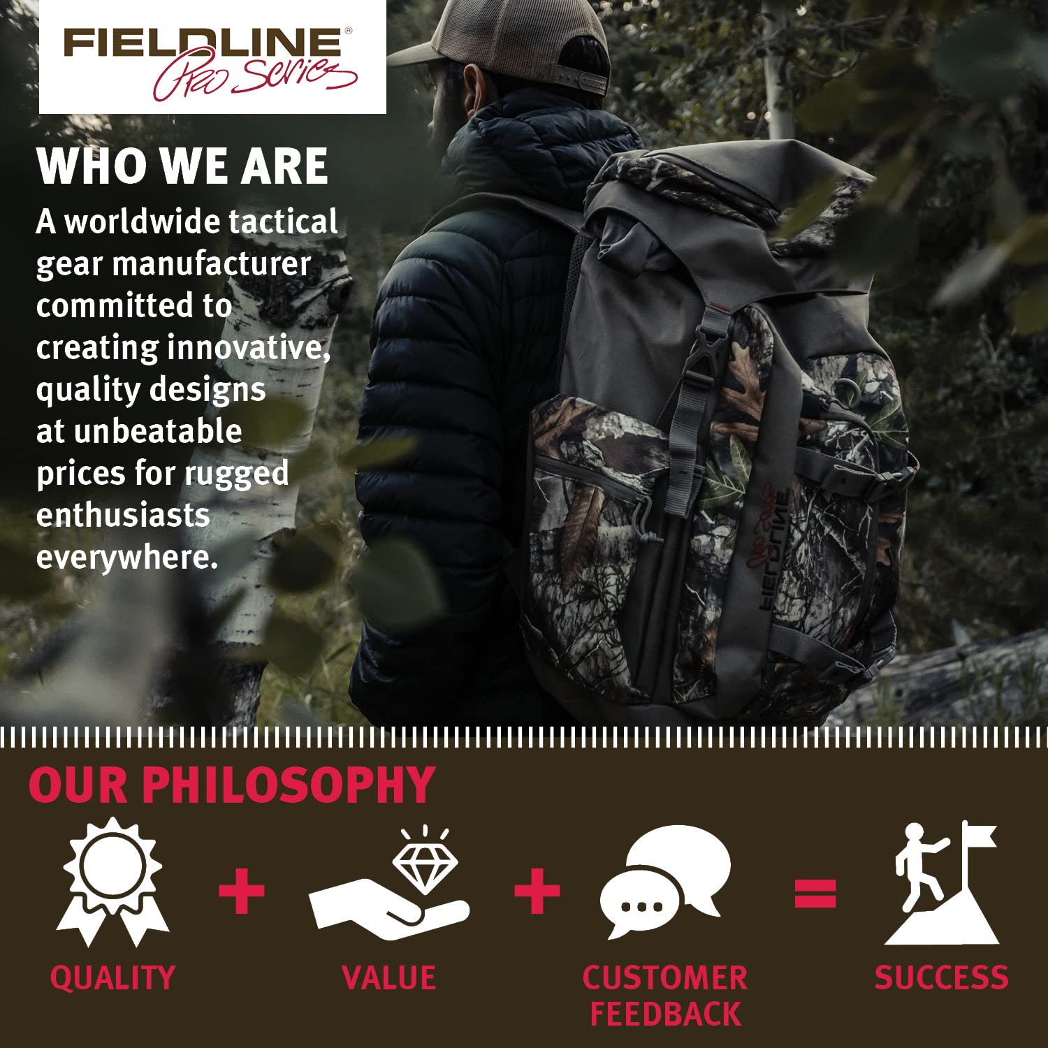 Fieldline Treeline worn in woods demonstrating camouflage and hands-free mobility