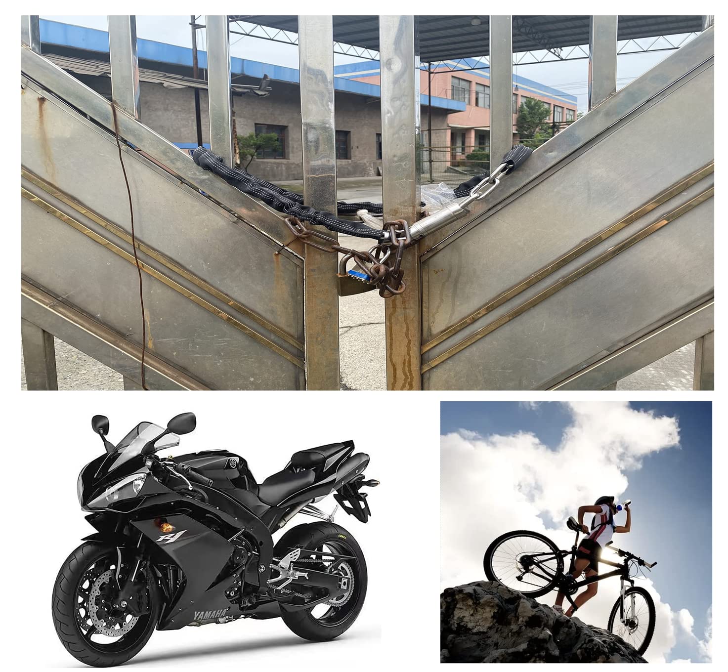 FIGODE chain securing a scooter outdoors, weatherproof protection example