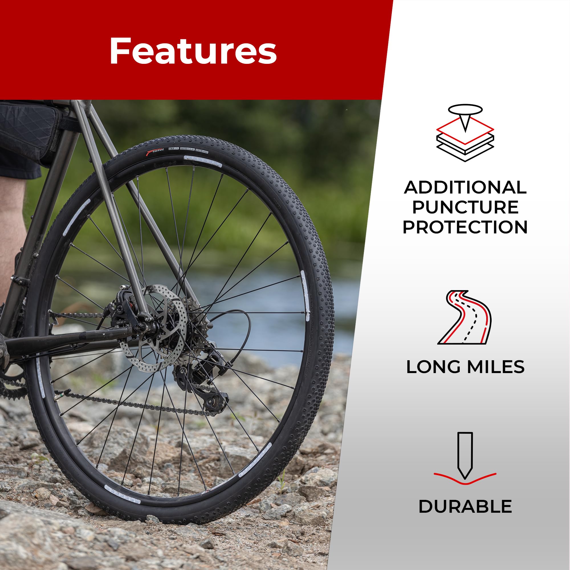 Fincci tire riding on gravel path showing traction and confidence benefit