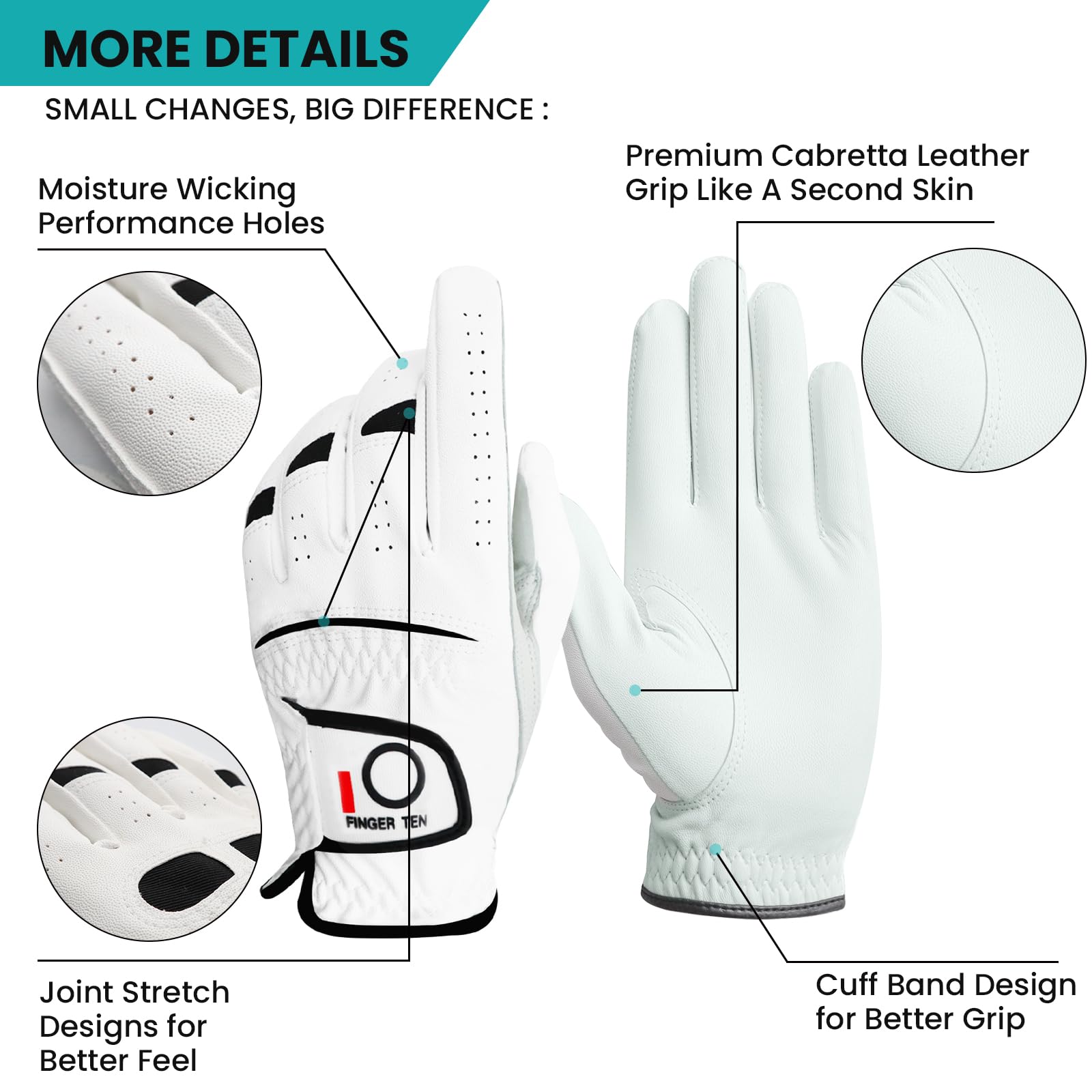 FINGER TEN synthetic leather back detail offering durable support