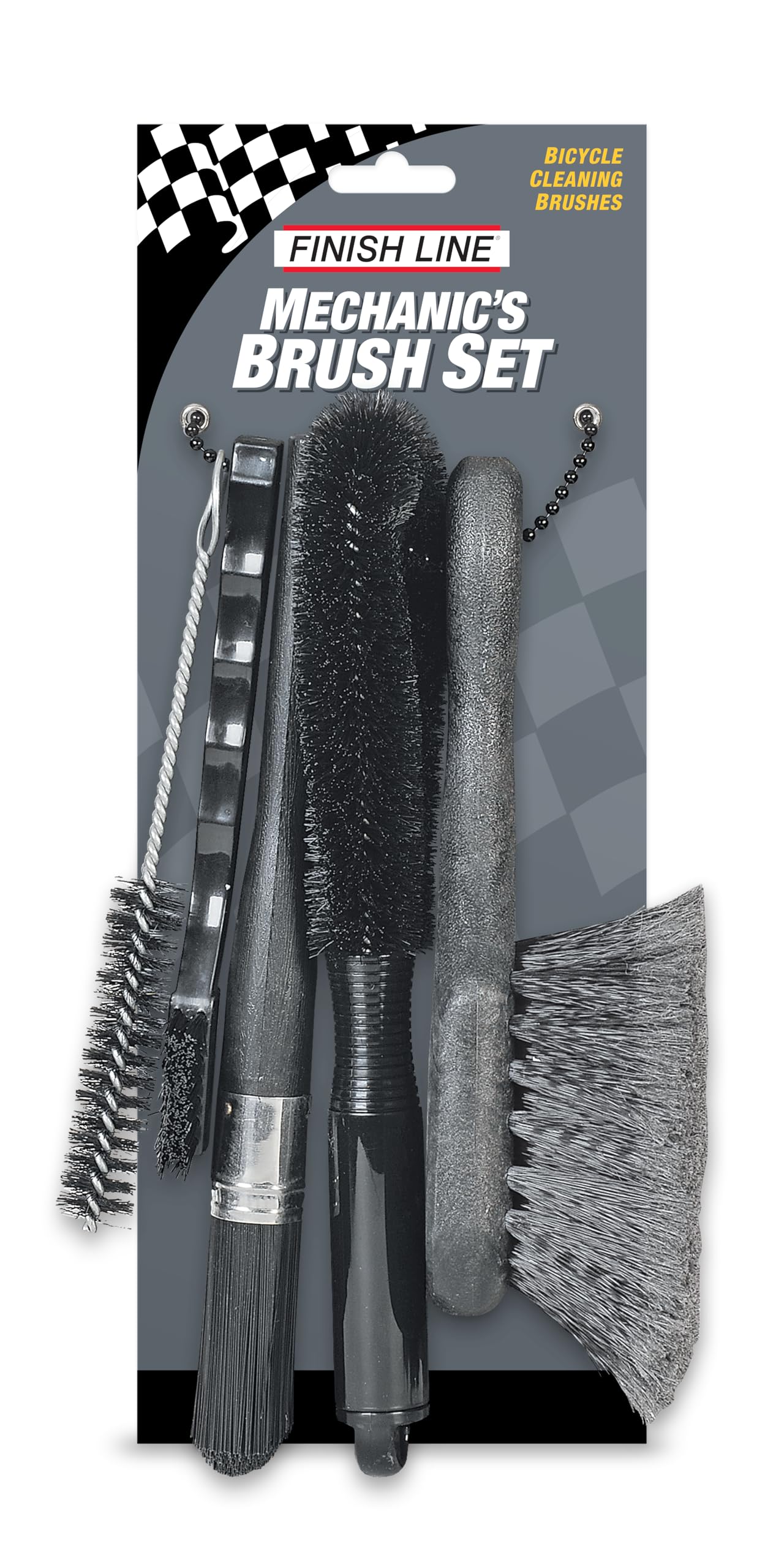 Finish Line front packaging showing five-piece brush set and benefits