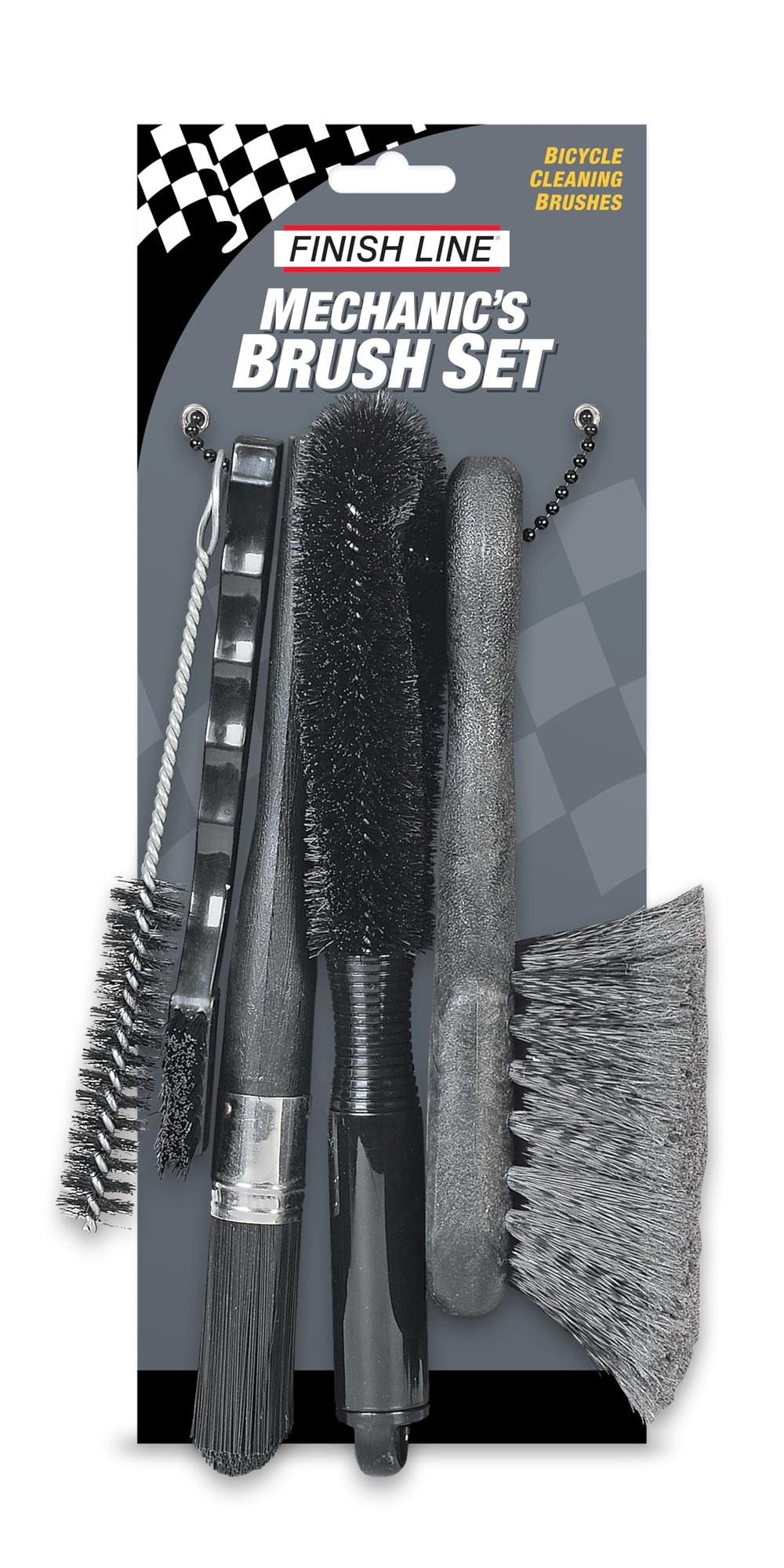 Finish Line front packaging showing five-piece brush set and benefits