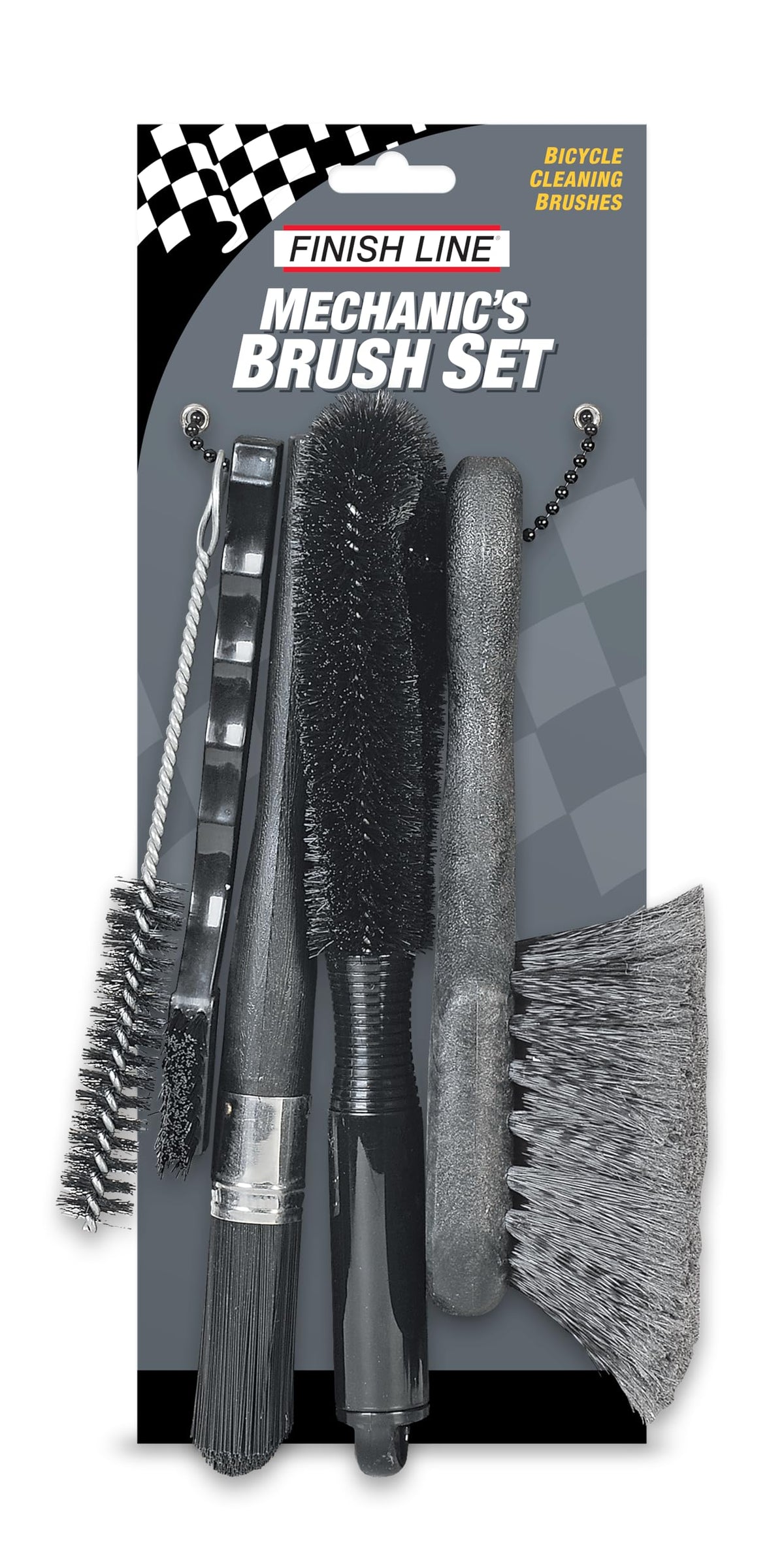 Finish Line front packaging showing five-piece brush set and benefits