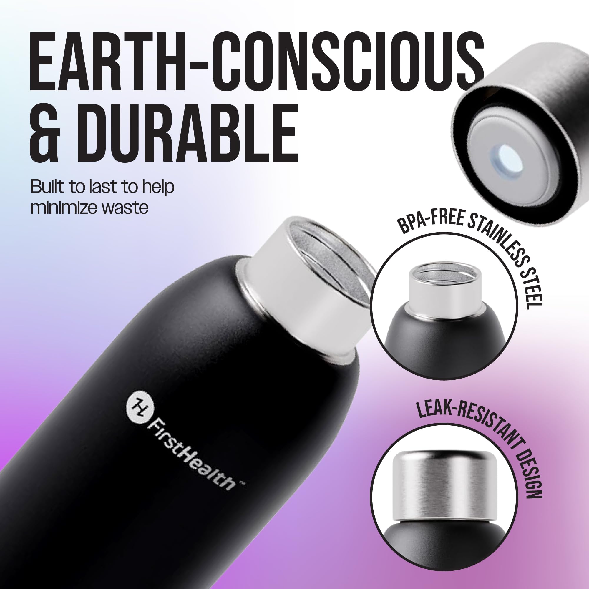 FIRSTHEALTH bottle next to phone to show 18oz size and easy carry benefit