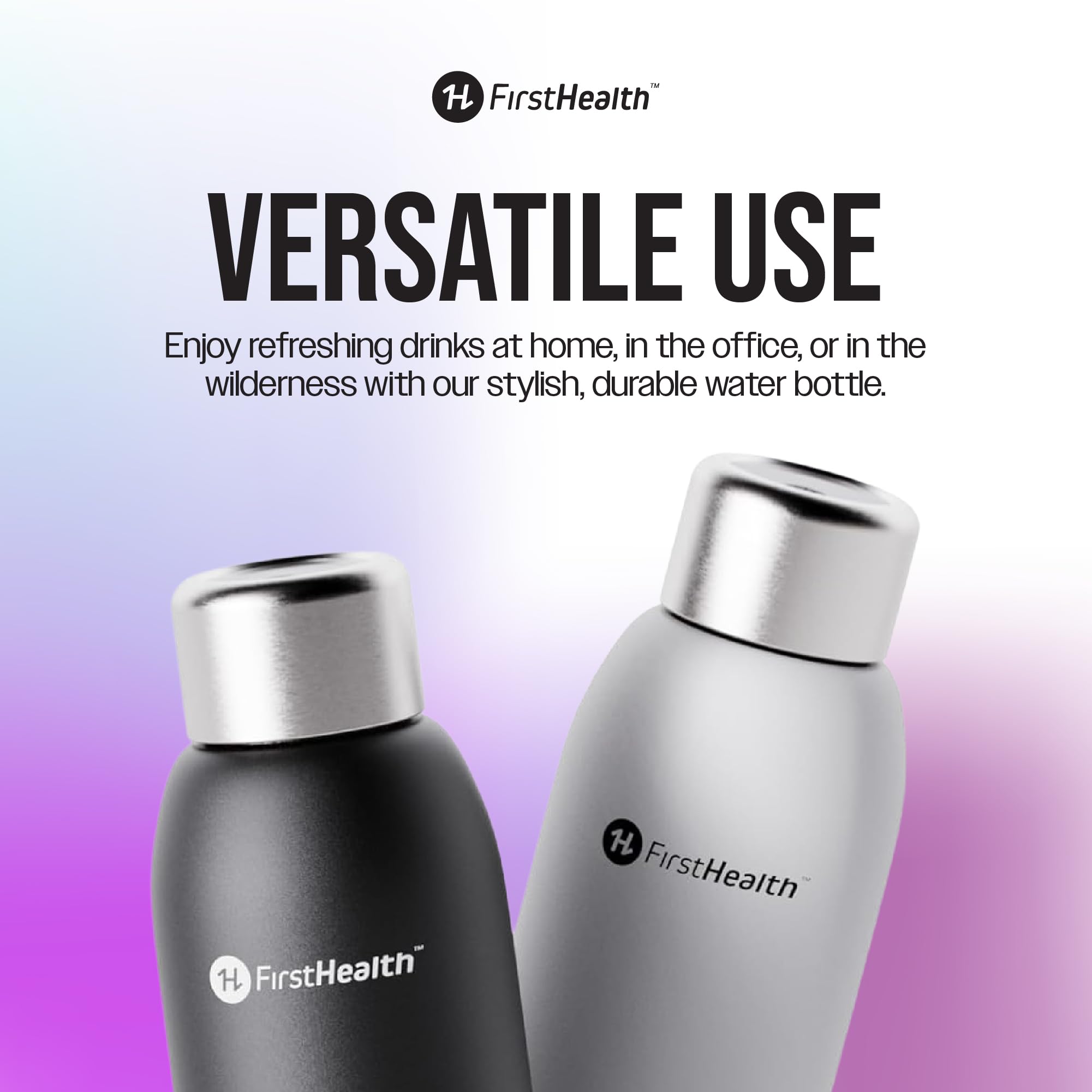 FIRSTHEALTH bottle in travel setting on backpack, keeps drinks clean and temperature stable