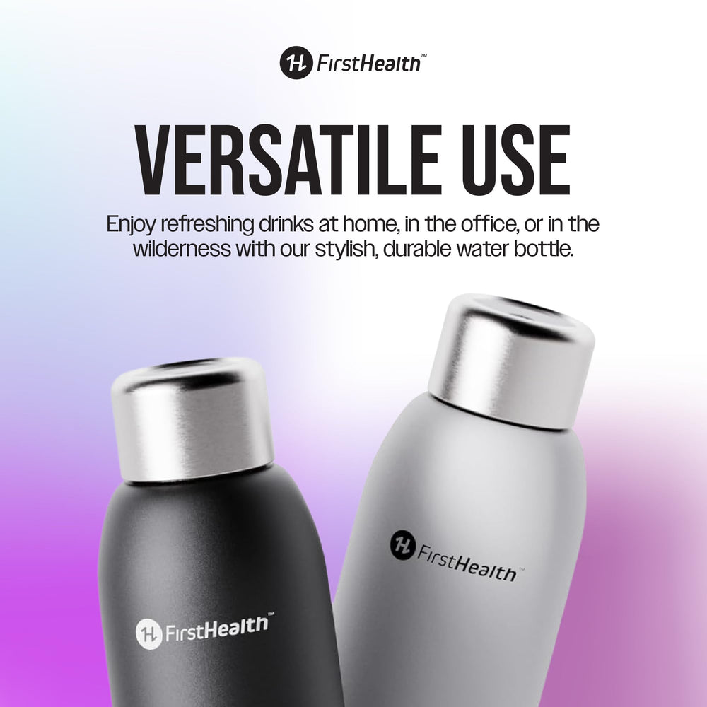 FIRSTHEALTH bottle in travel setting on backpack, keeps drinks clean and temperature stable