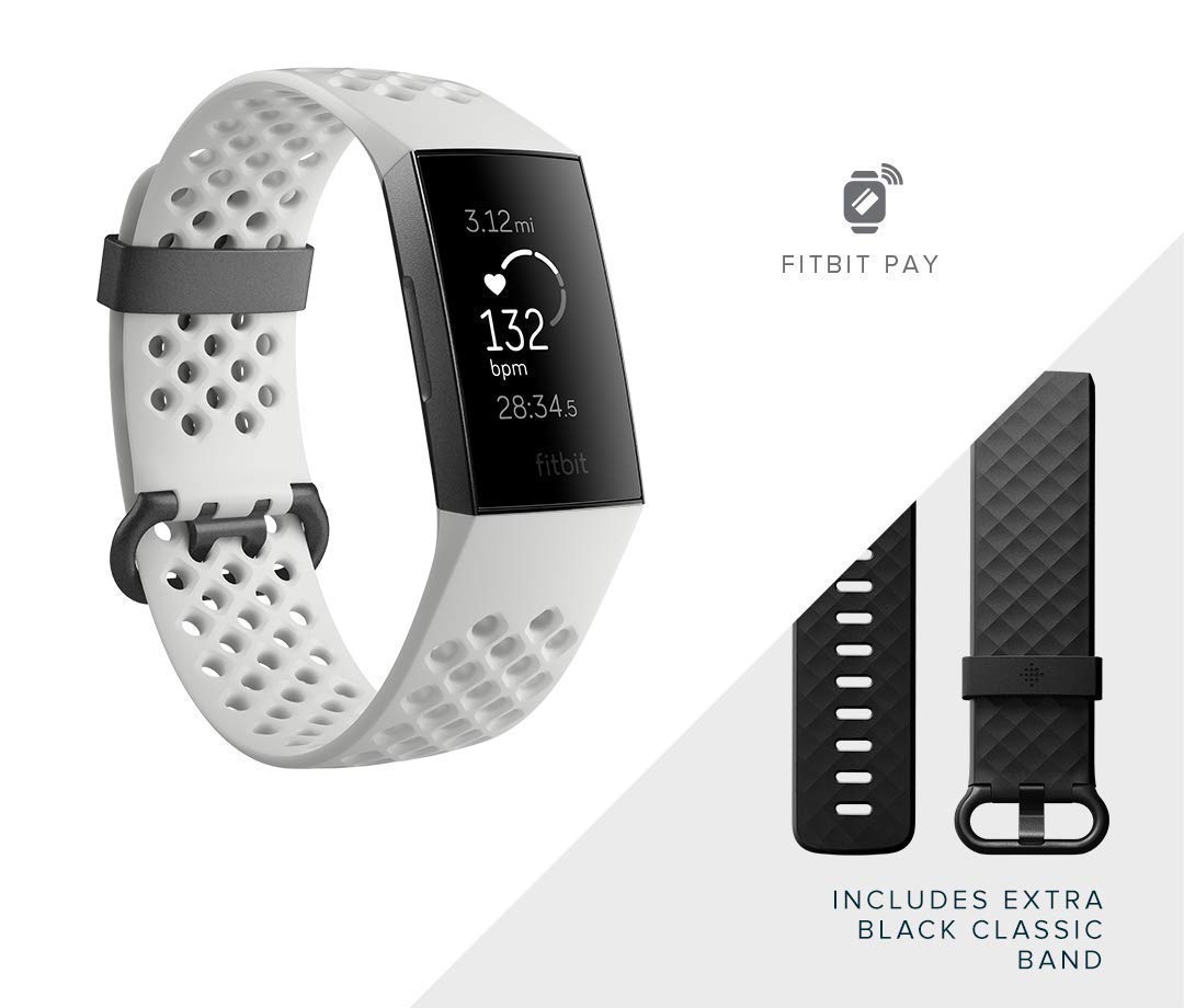 Fitbit Charge 3 SE silicone band texture detail for secure, breathable fit during activity