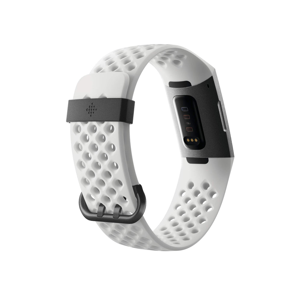 Fitbit Charge 3 SE heart rate sensor close-up illustrating accurate continuous pulse monitoring