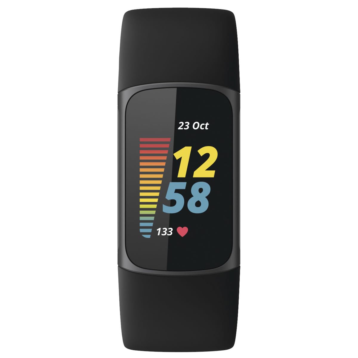 Fitbit Charge 5 close-up of bright color touchscreen showing metrics for easy outdoor readability