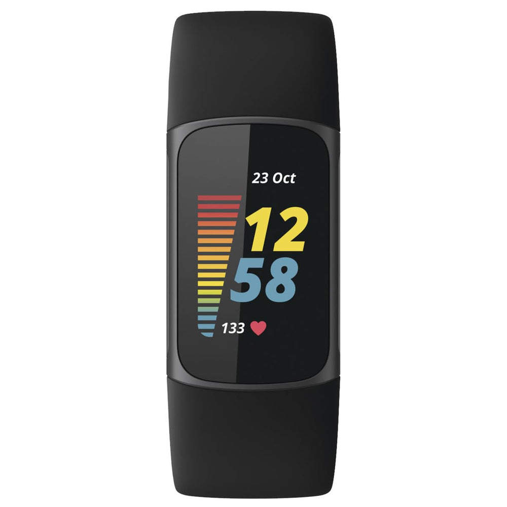 Fitbit Charge 5 close-up of bright color touchscreen showing metrics for easy outdoor readability
