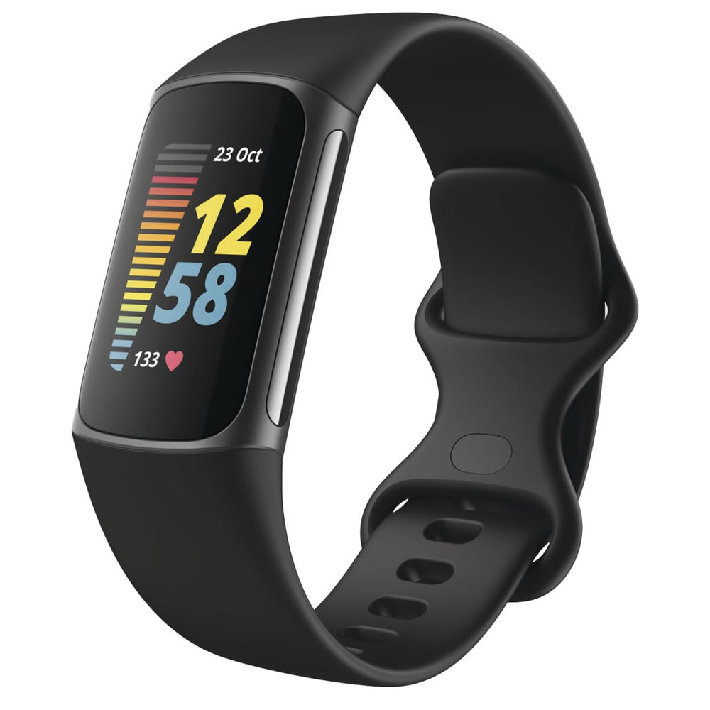 Fitbit Charge 5 front view showing black/graphite tracker and colorful display for clear visibility