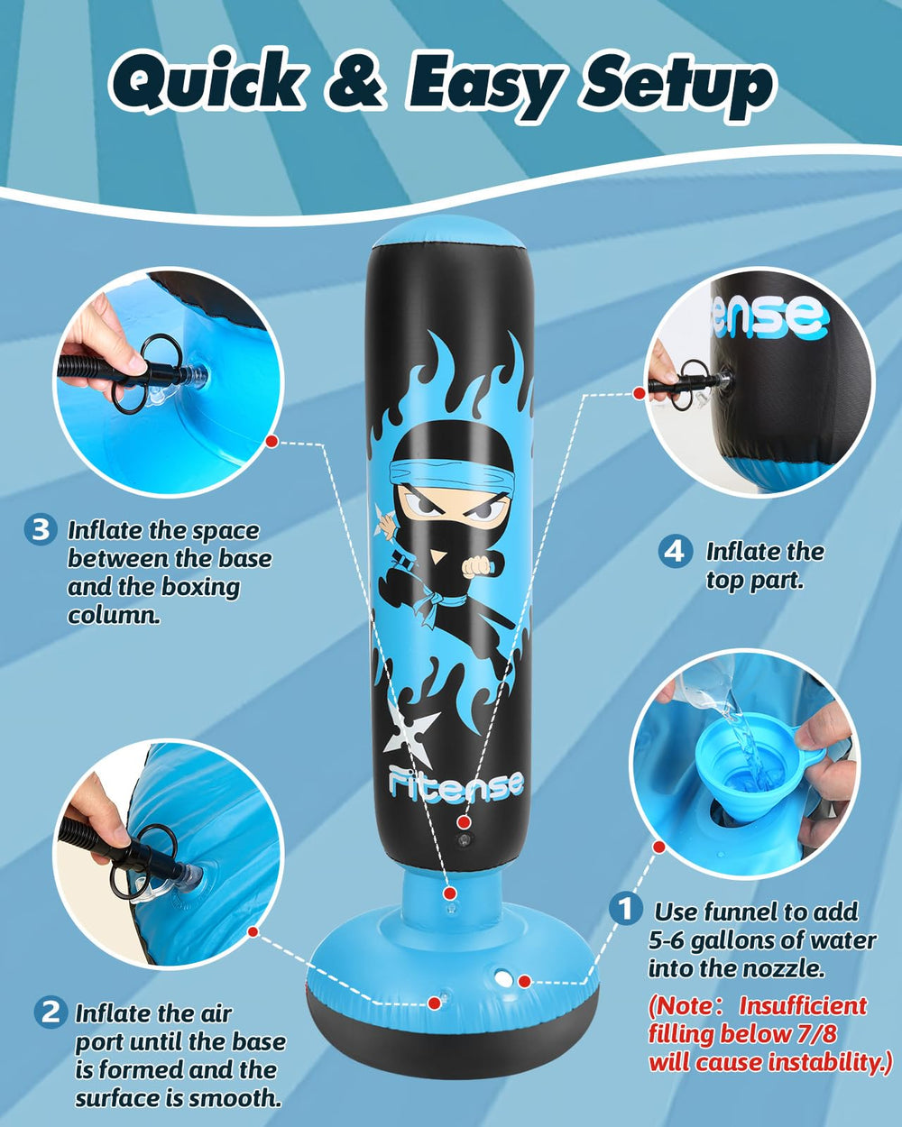 Fitense fully inflated 63-inch bag demonstrating upright rebound and play height