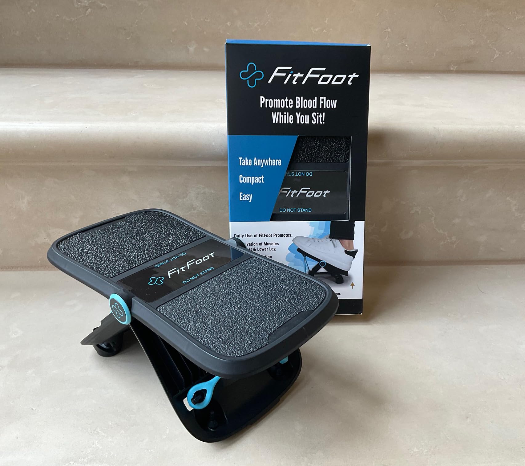 FitFoot on an airplane seat showing travel-ready mobility support
