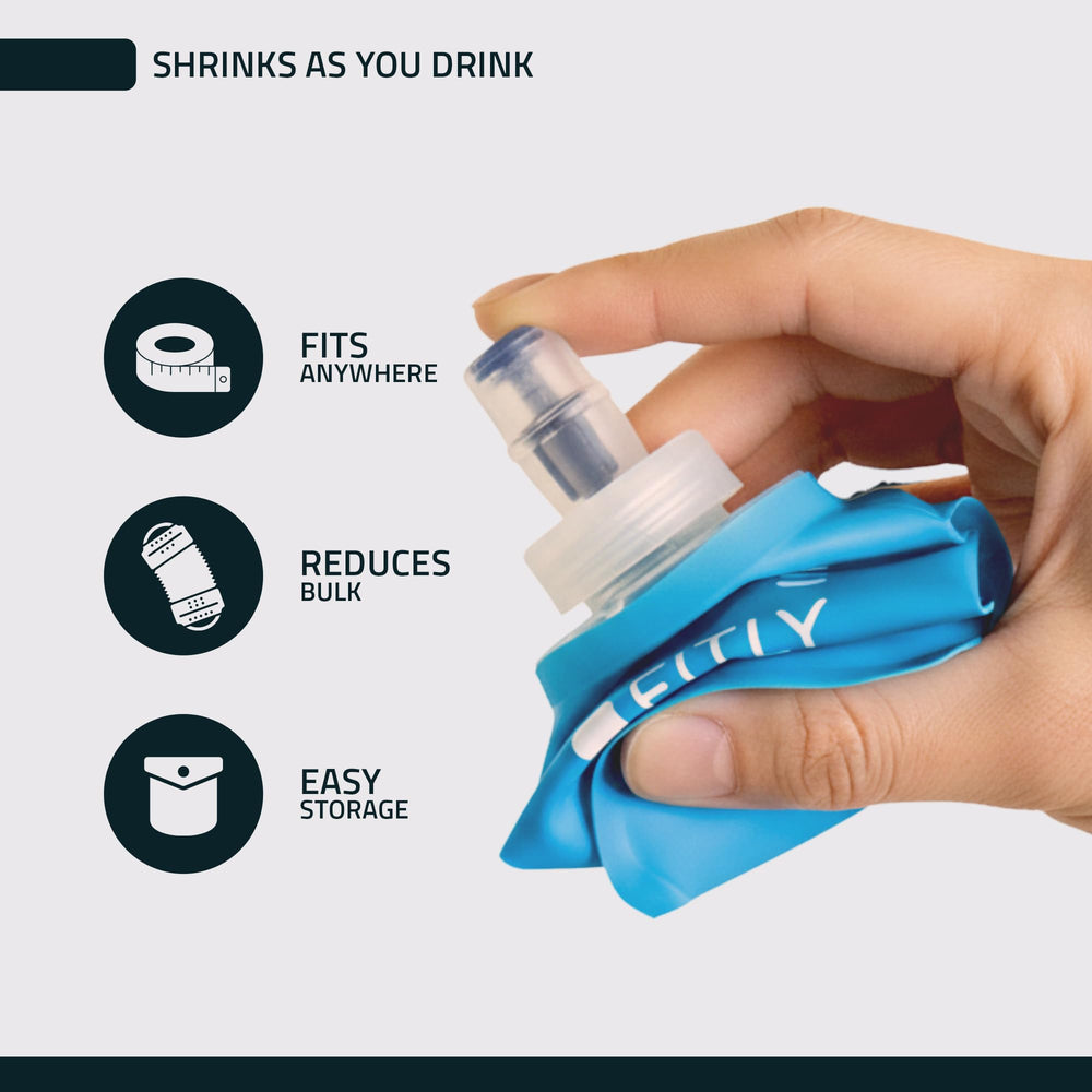 FITLY 250ml folded flat in storage, saving space in a running bag