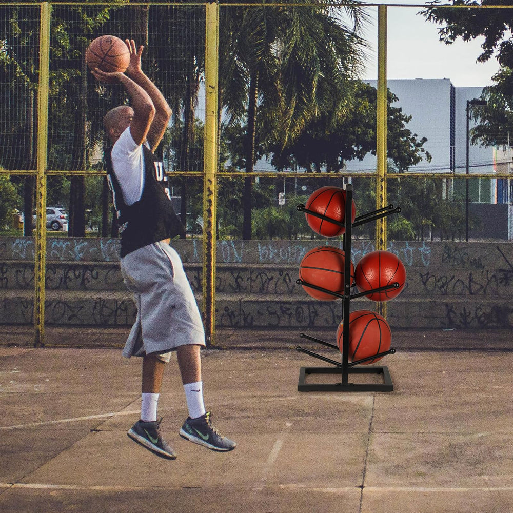 Fitlyiee rack loaded with six basketballs illustrating secure storage benefit quick access