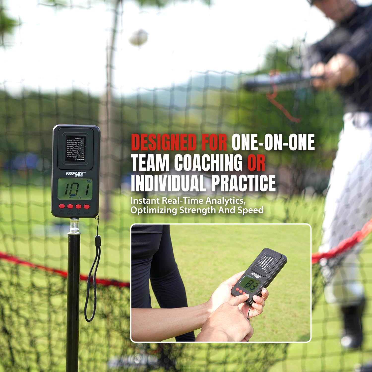 Fitplay Sports radar next to baseball for size and scale comparison in hands